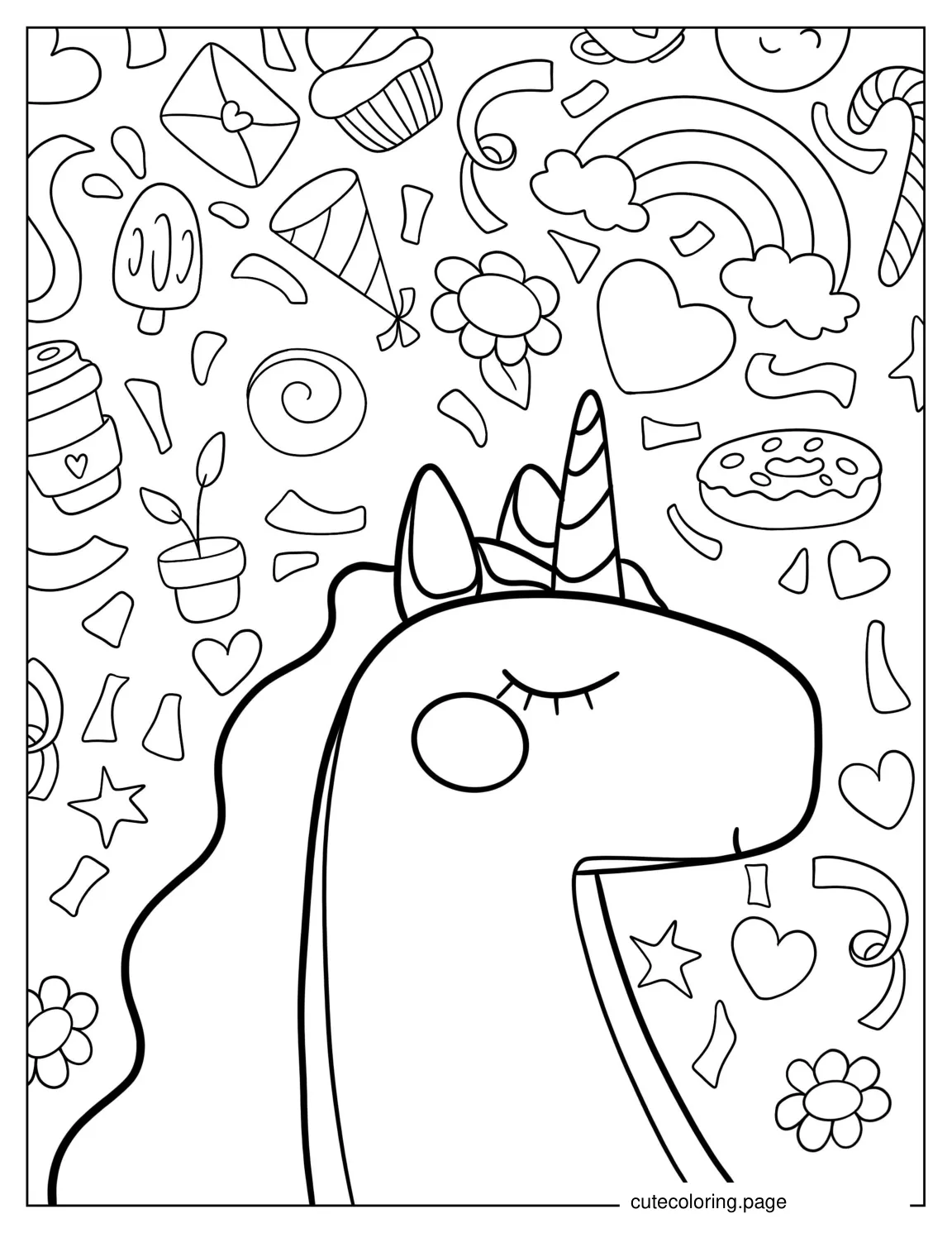 Unicorn With Coffee Ice Cream Donuts And Flowers coloring page