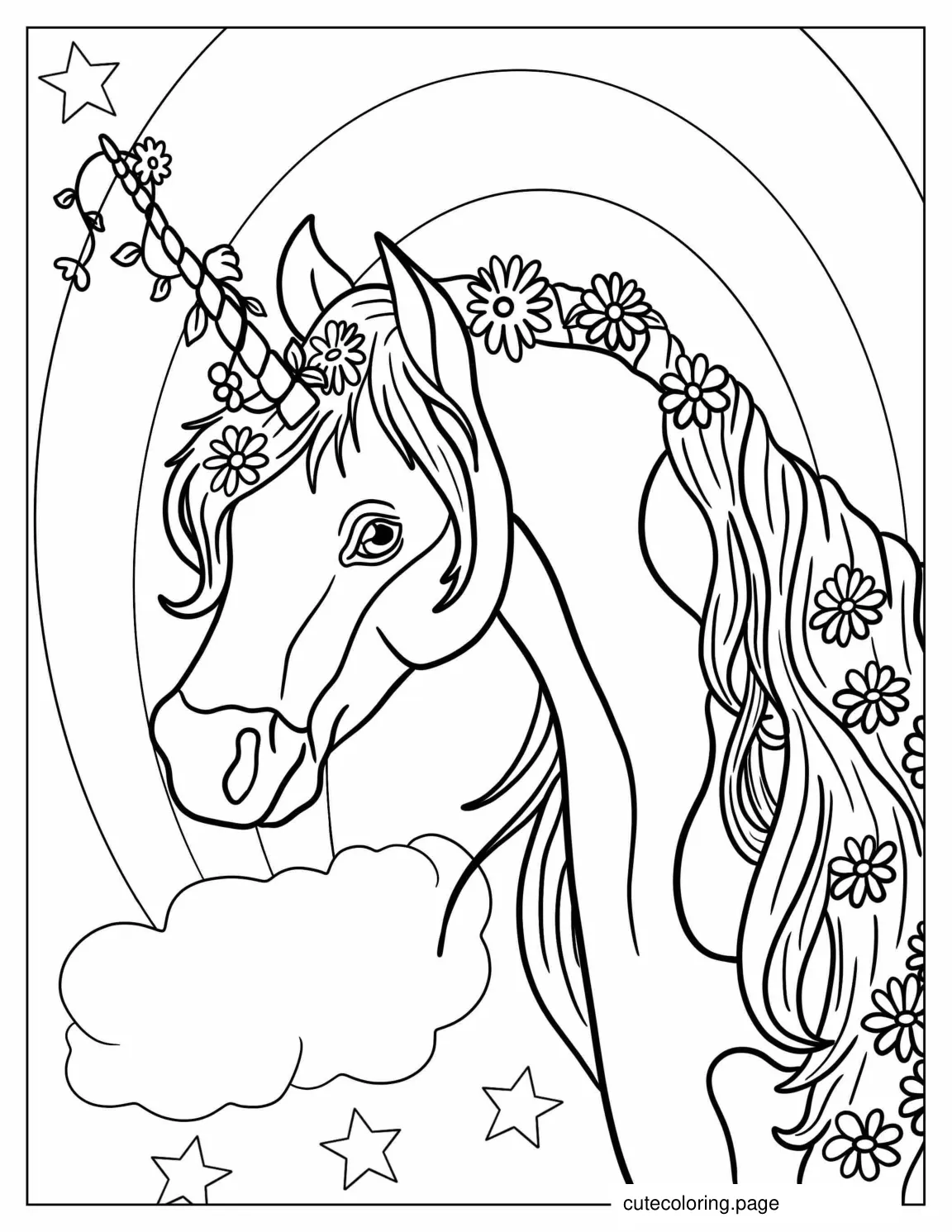 Unicorn With Flowers In Its Mane To Color coloring page