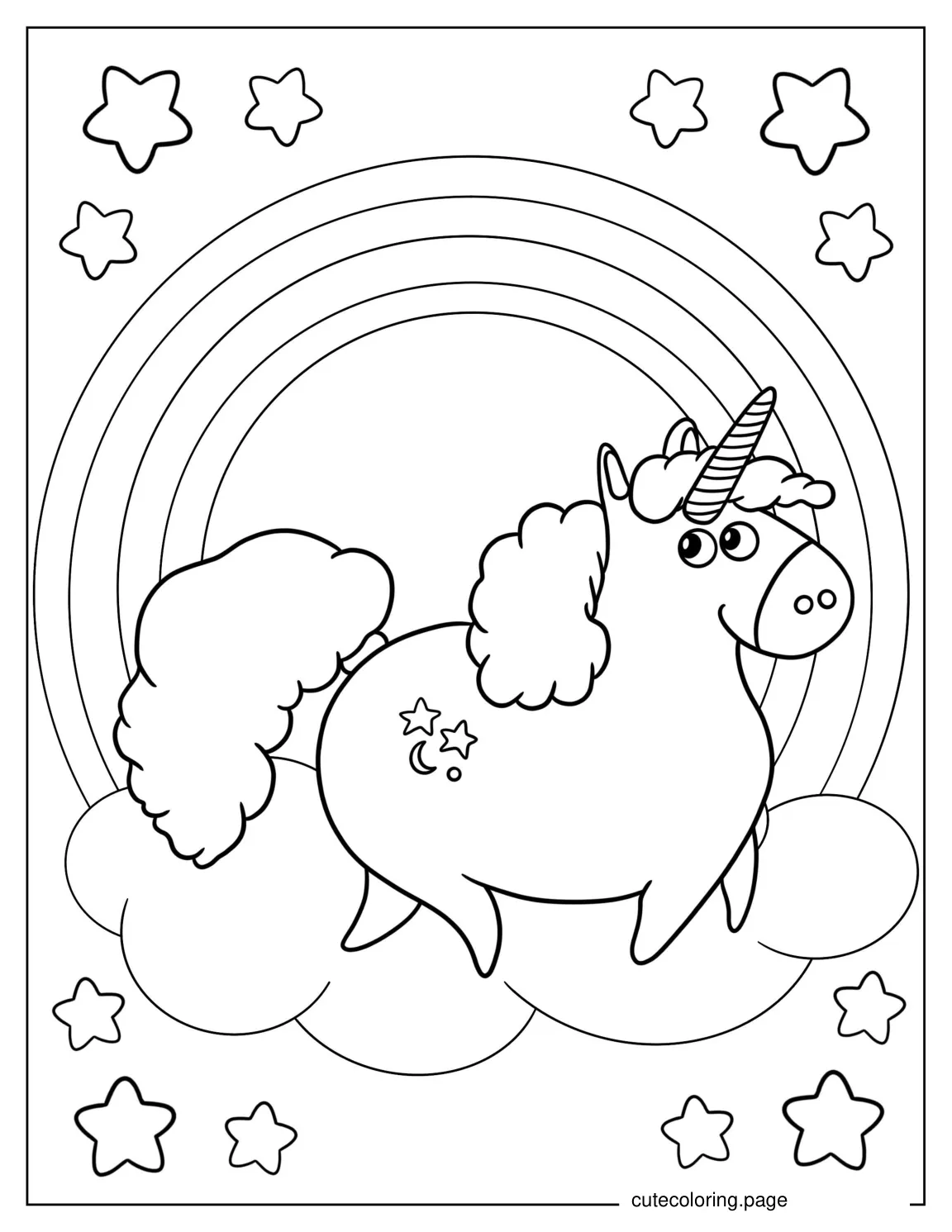 Unicorn With Fluffy Tail On Rainbow To Color coloring page