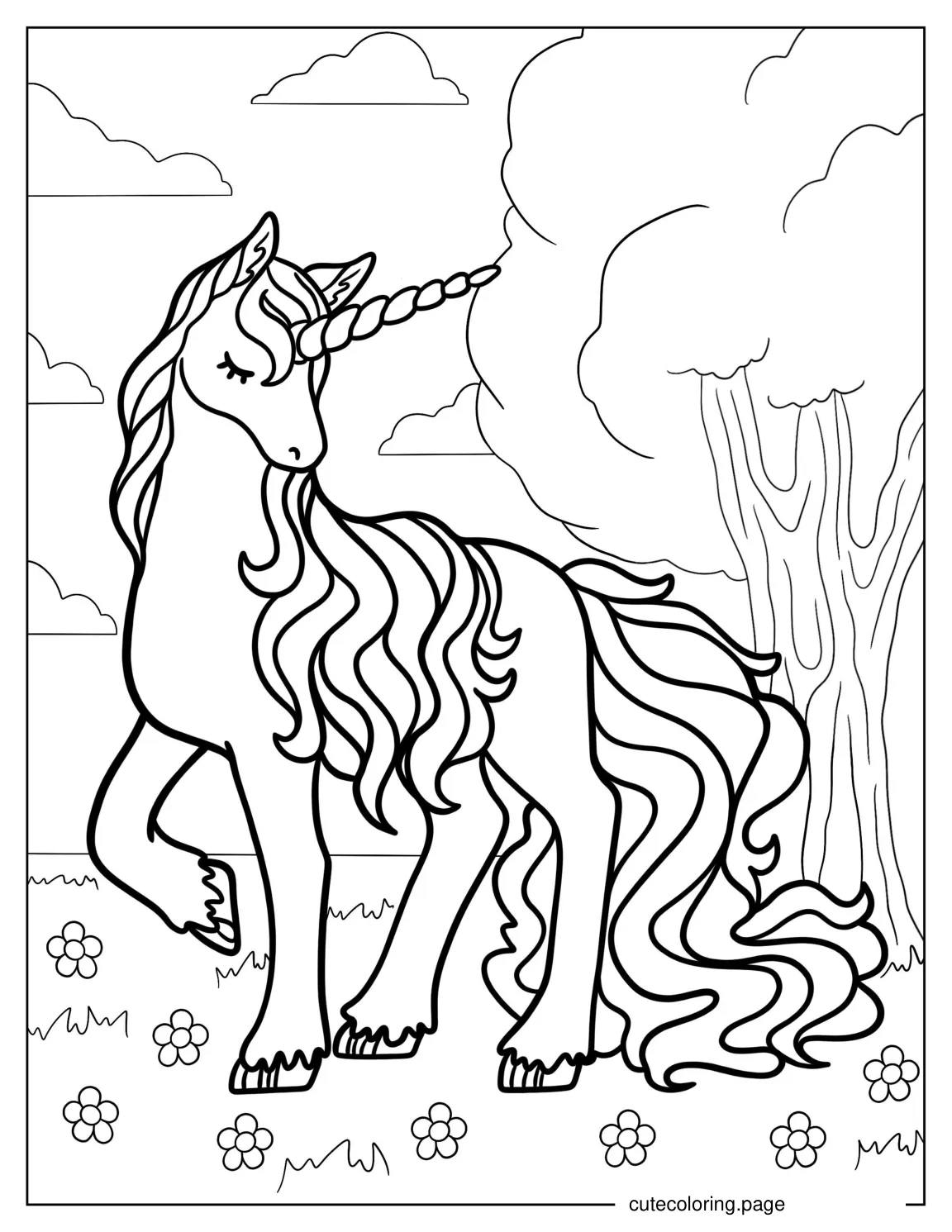 Unicorn With Large Spiral Horn To Color coloring page