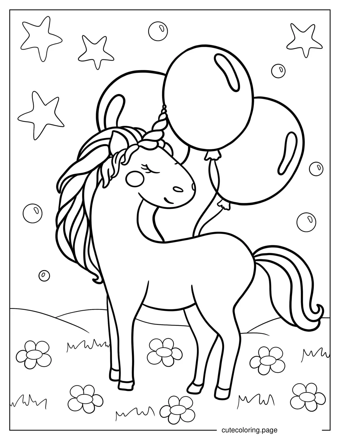 Unicorn With Party Balloons To Color coloring page