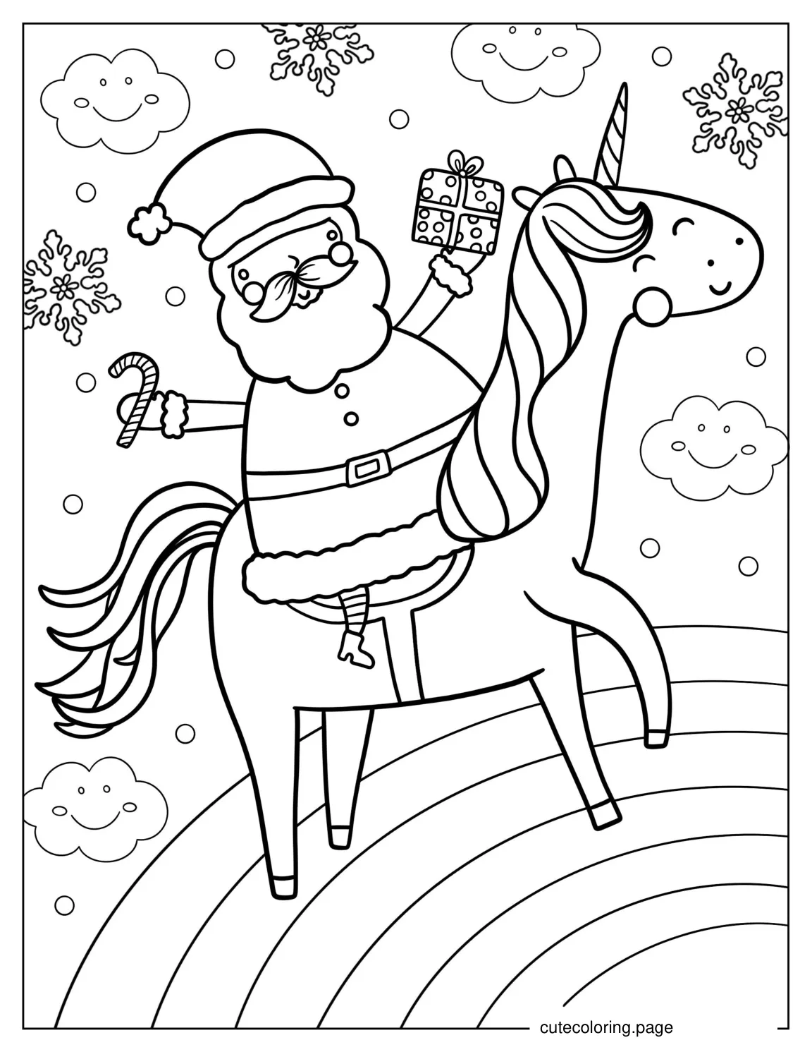 Unicorn With Santa Snow Flakes And Candy Cane coloring page