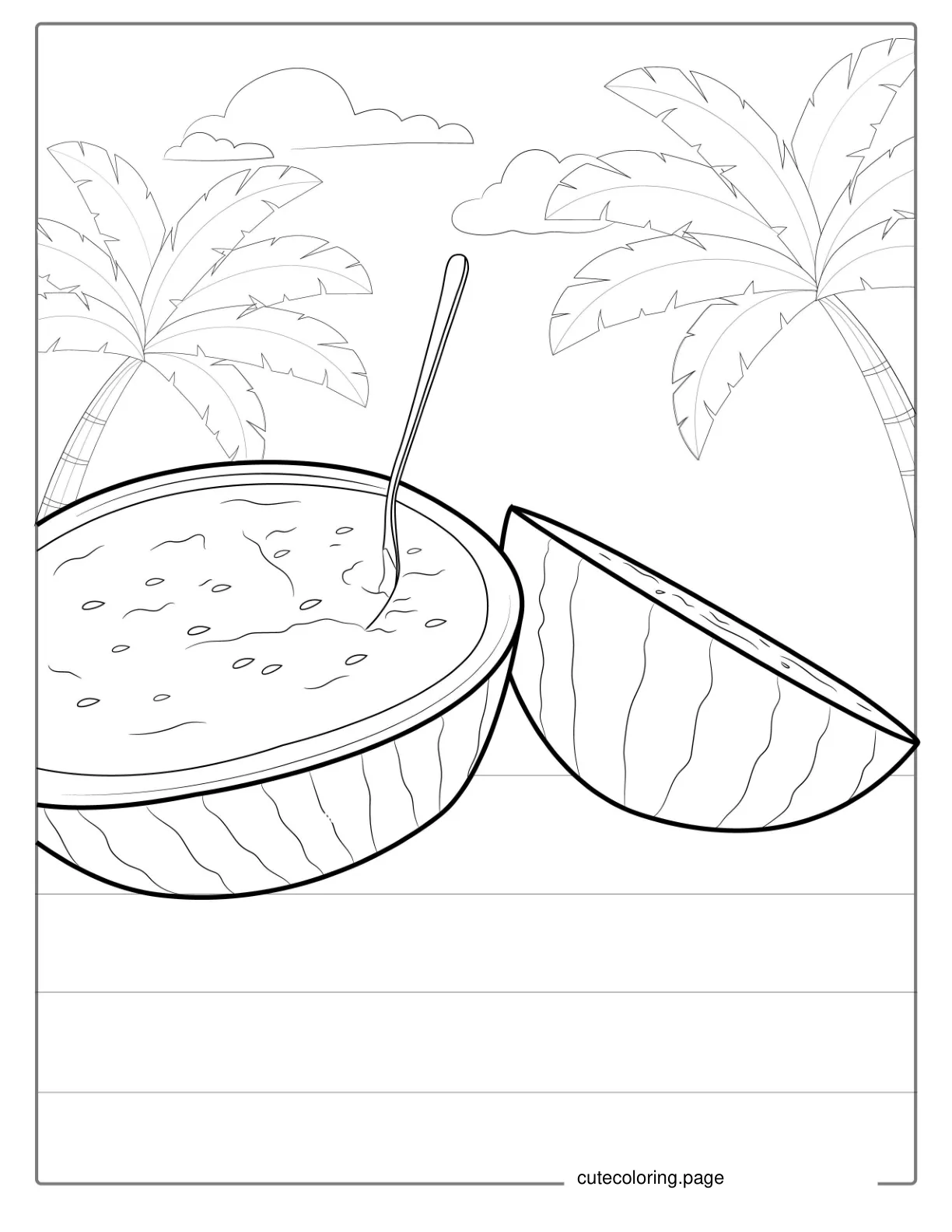 Watermelon On Beach With Palms Coloring coloring page