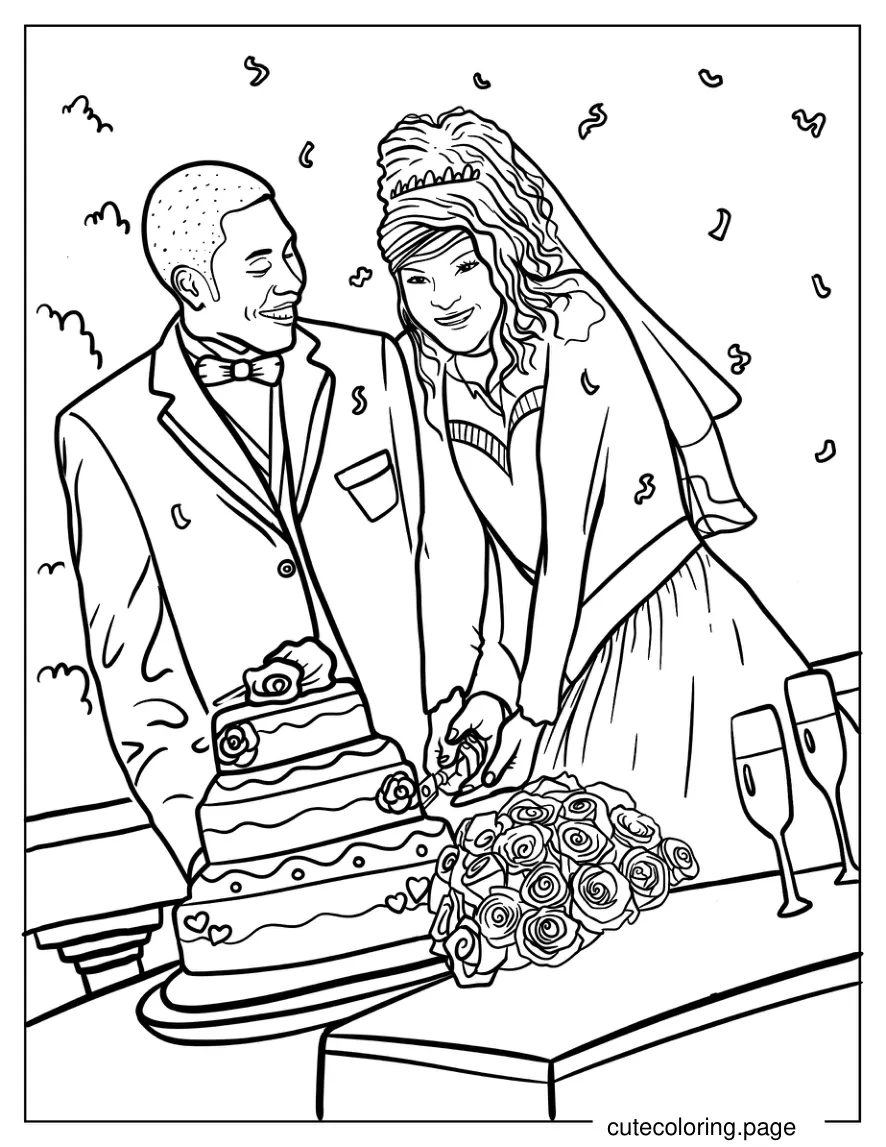 Groom And Bride Slicing Wedding Cake coloring page