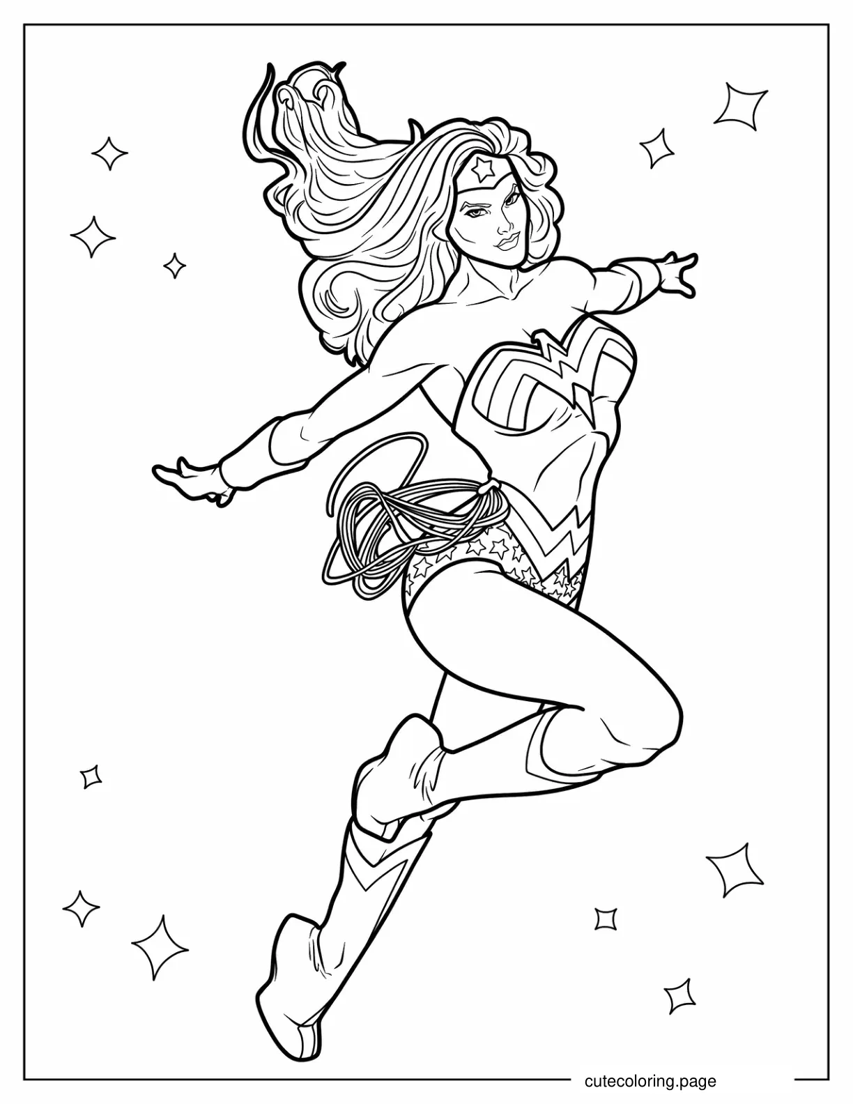 Detailed Wonder Woman Flying In Sky coloring page