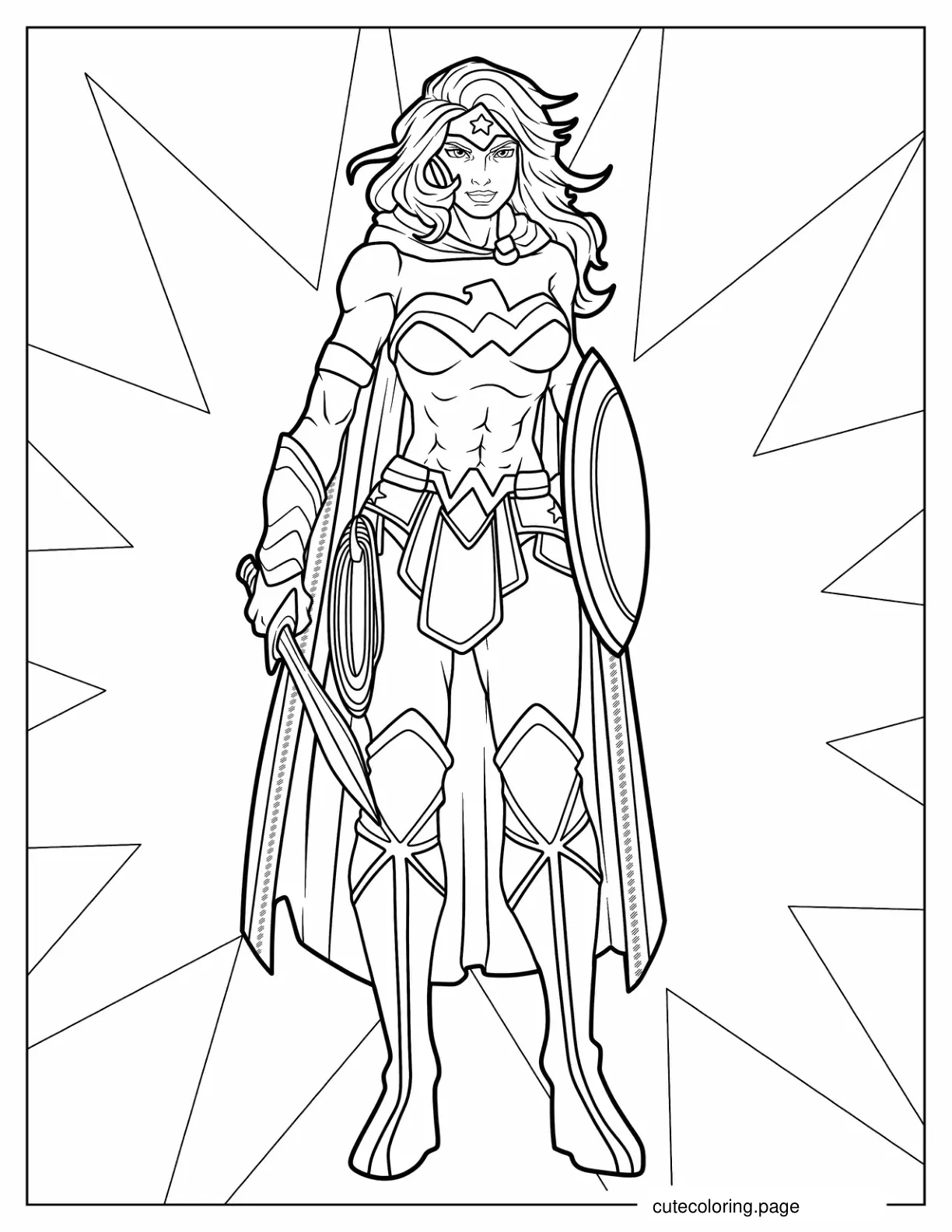 Wonder Woman Holding Sword And Shield coloring page