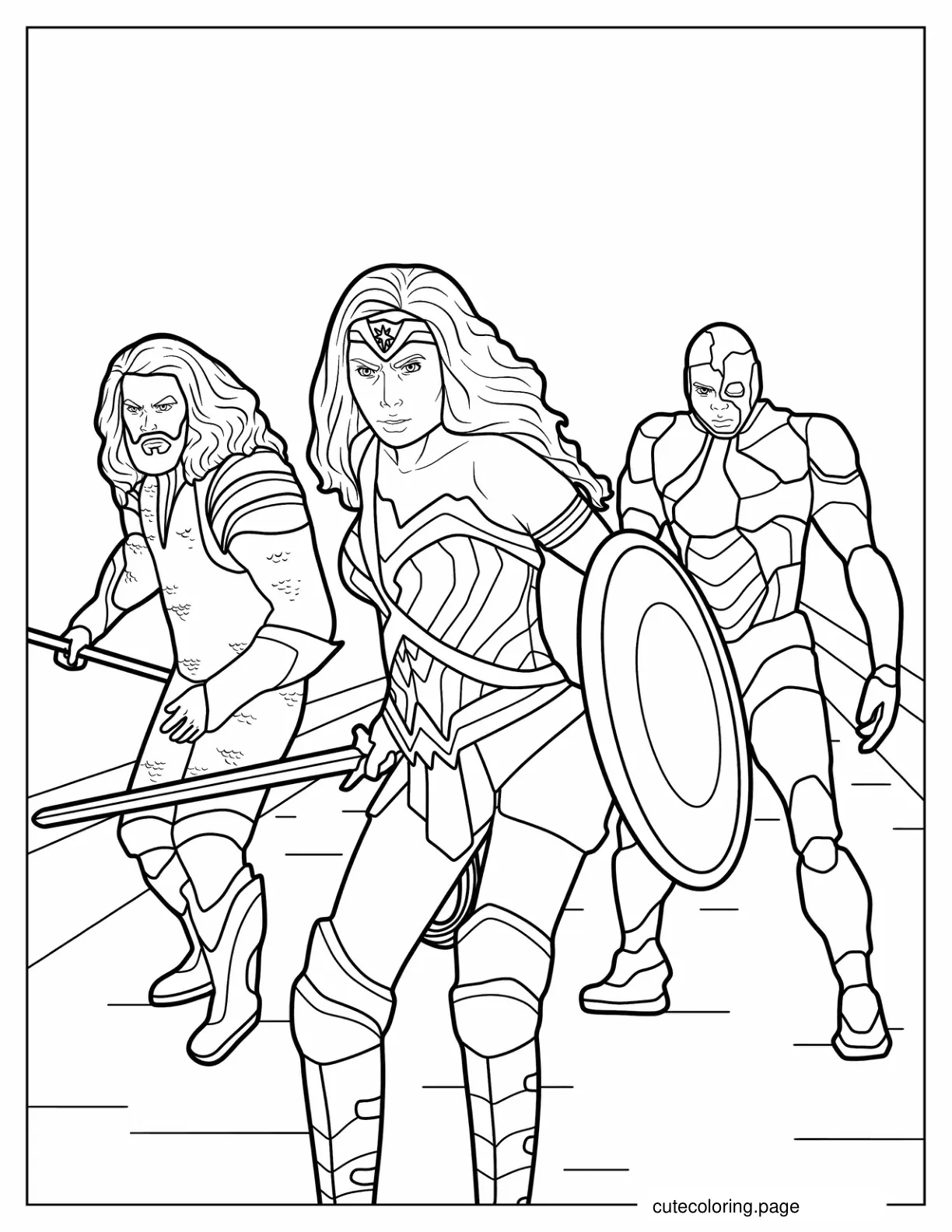 Wonder Woman With Aqua Man and Cyborg coloring page